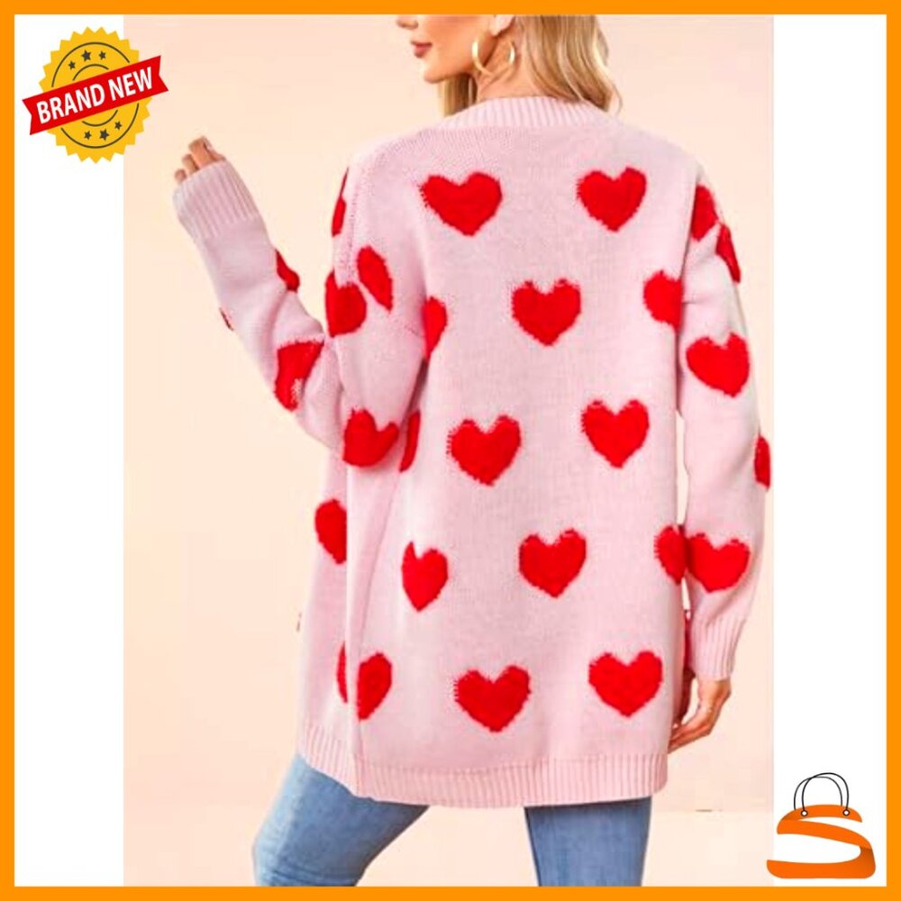 Oversized Cardigan Sweater Preppy Y2K Knit Button Up Heart Pattern Chic - Picture 6 of 7